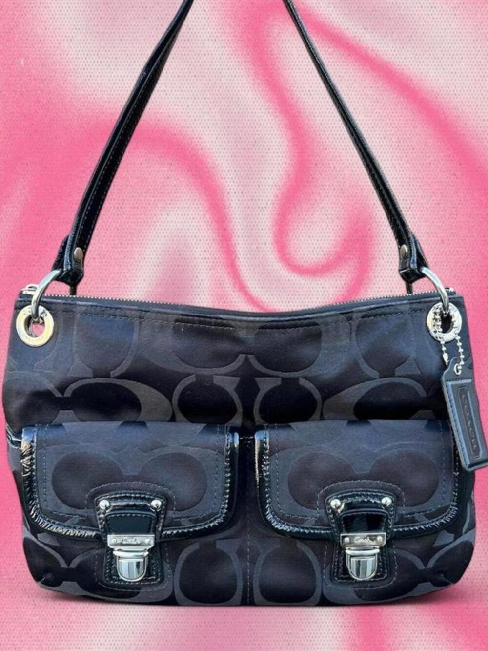 Y2K Coach Poppy Two Pocket Black Signature Shoulder Bag